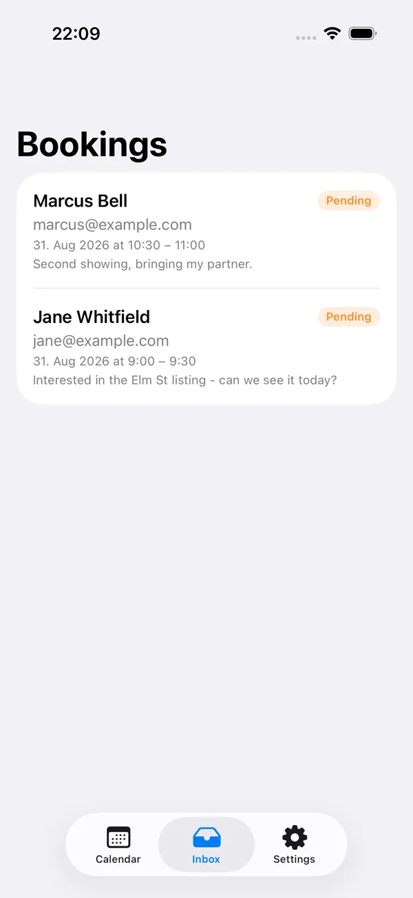 The iOS app inbox: a booking request with Approve and Decline