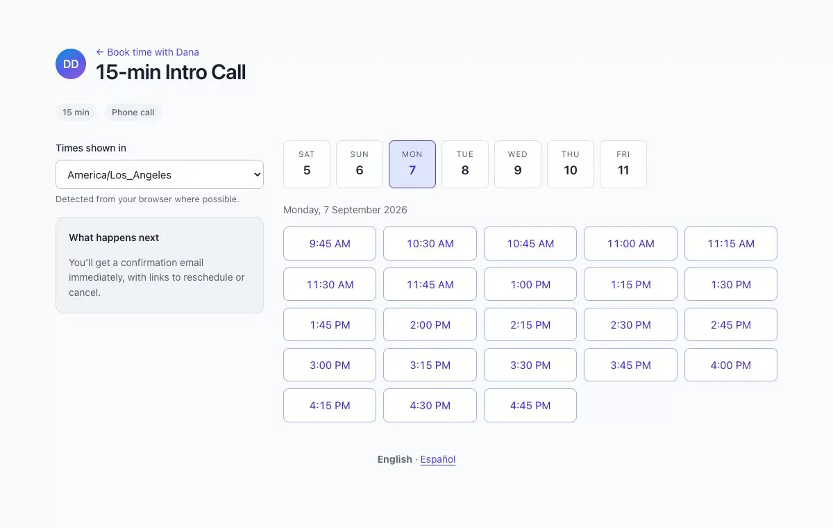 The LineMerge booking page: a week strip, open 15-minute slots on Monday, and the booking form