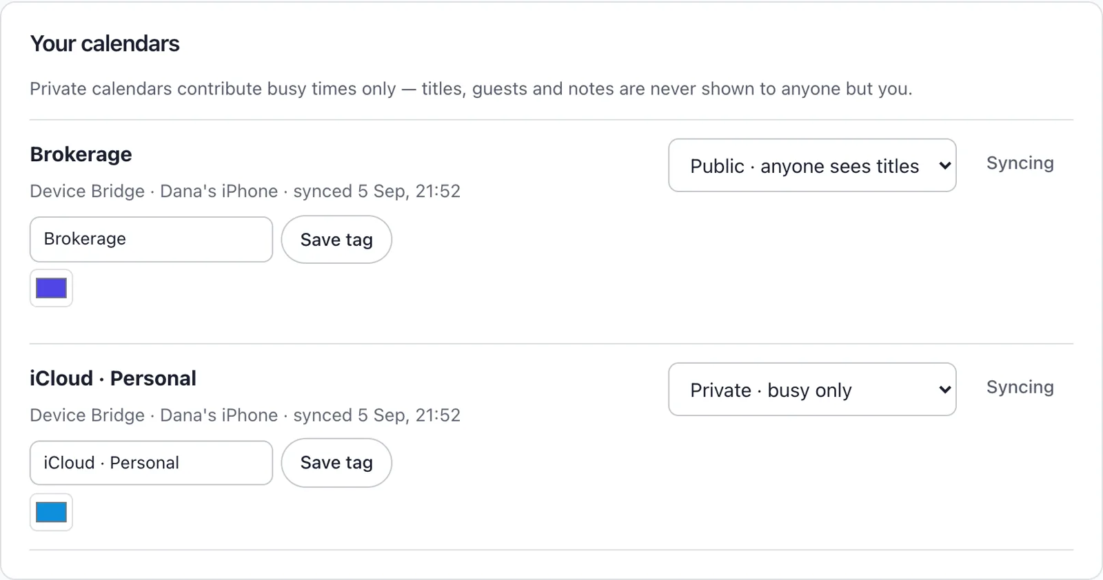 Your calendars: a Brokerage calendar set to public so anyone sees titles, and an iCloud Personal calendar set to private, busy only