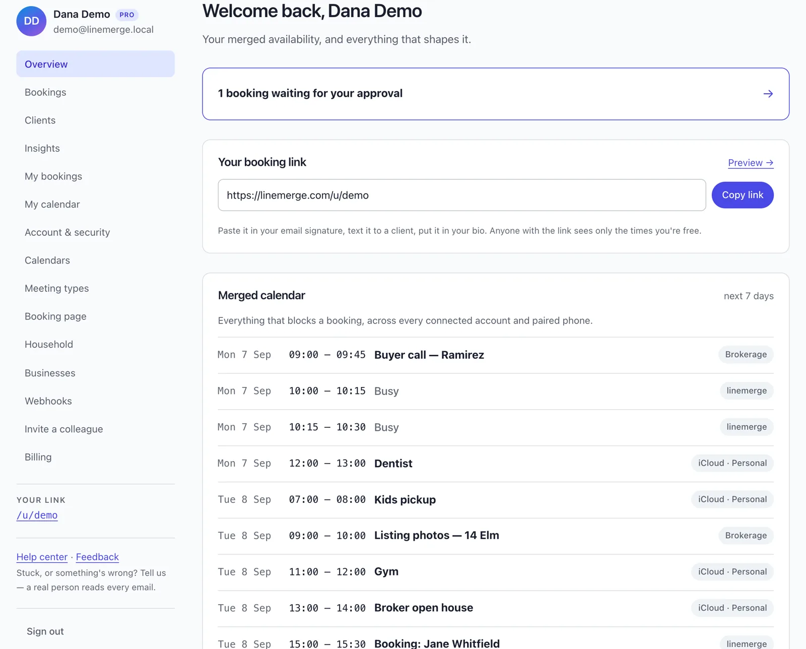 The LineMerge dashboard: merged calendar with Brokerage, iCloud Personal and booking entries, each tagged with its source