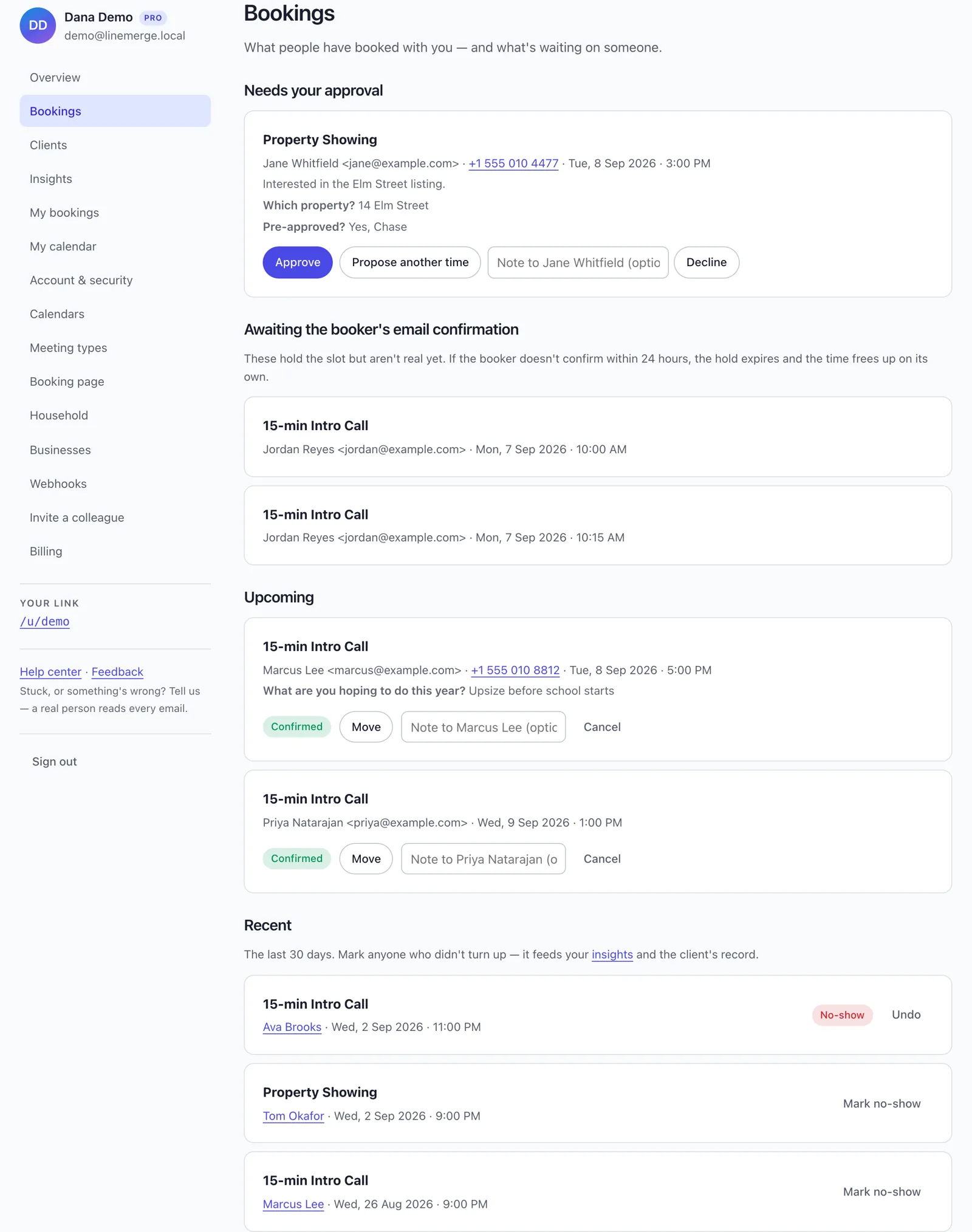 The Bookings inbox: a request waiting for approval with Approve, Propose another time and Decline, and confirmed bookings below