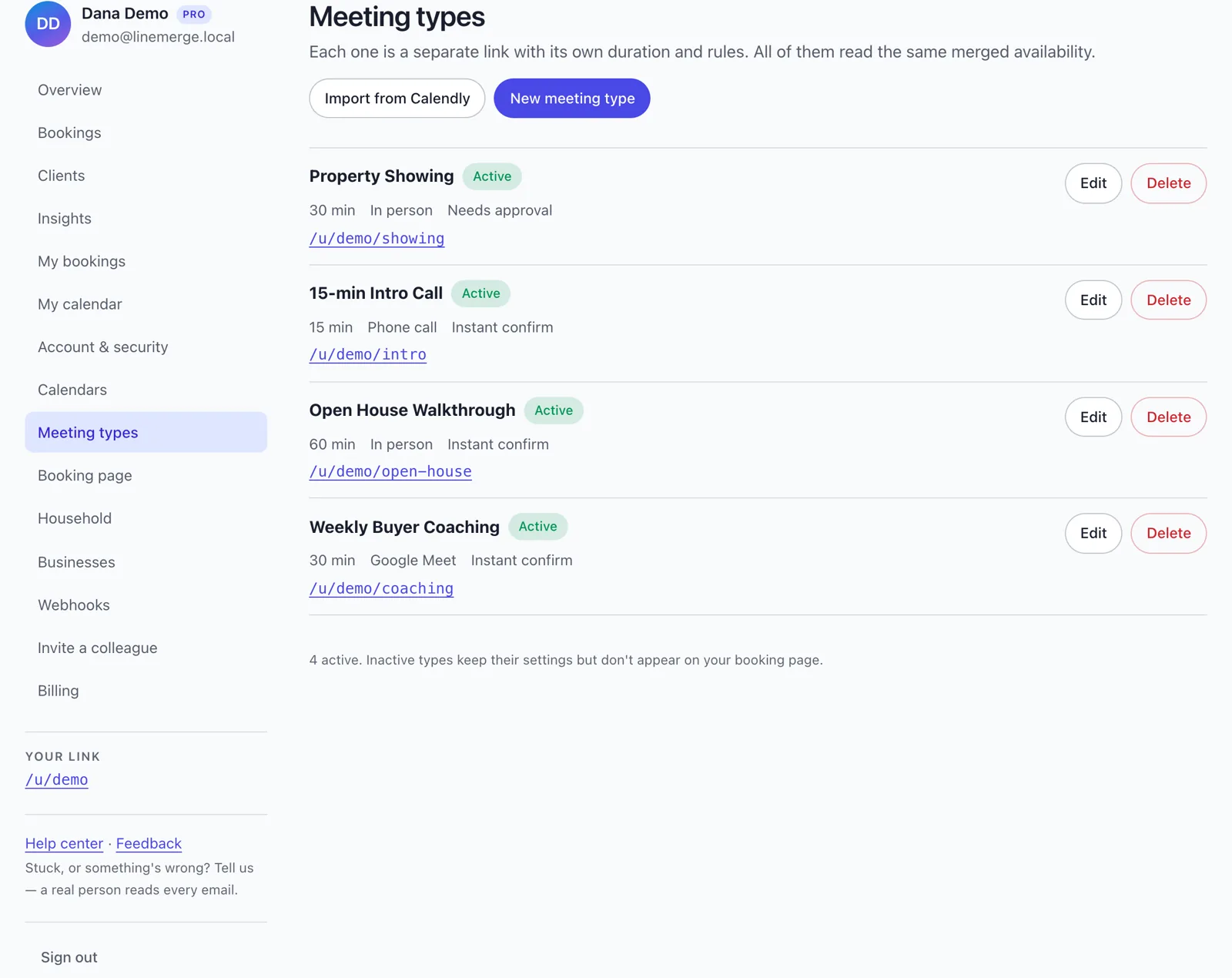 The Meeting types list: Property Showing, 15-min Intro Call, Open House Walkthrough and Weekly Buyer Coaching, each with duration and location