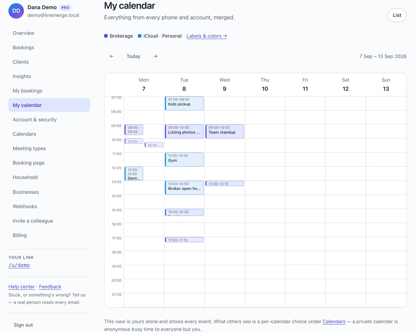 The merged week view with Brokerage and iCloud Personal events in their own colours