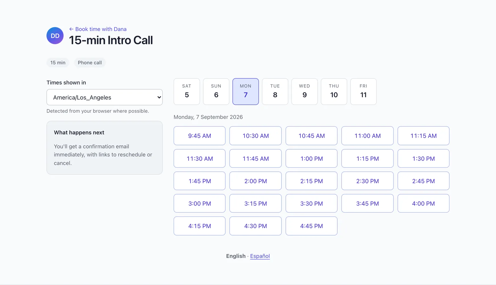 A public booking page: a week strip and the open 15-minute slots on Monday, shown in the visitor's timezone